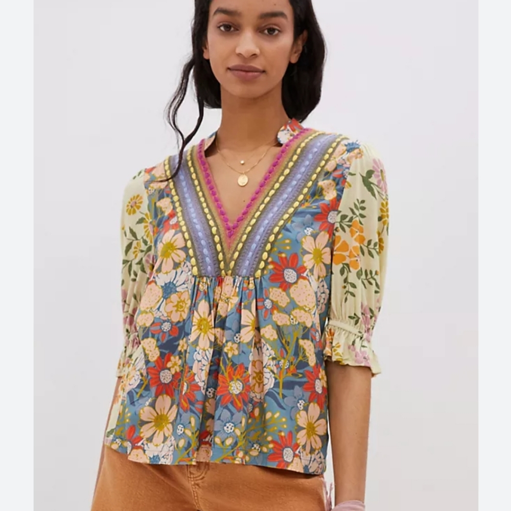 Anthropologie Blank London Xsmall Multicolor Floral V-Neck Embroidered Blouse - Picture 2 of 8